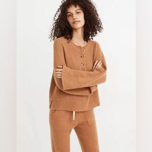 Madewell cashmere ribbed henley button sweater Women brown honey camel XS S